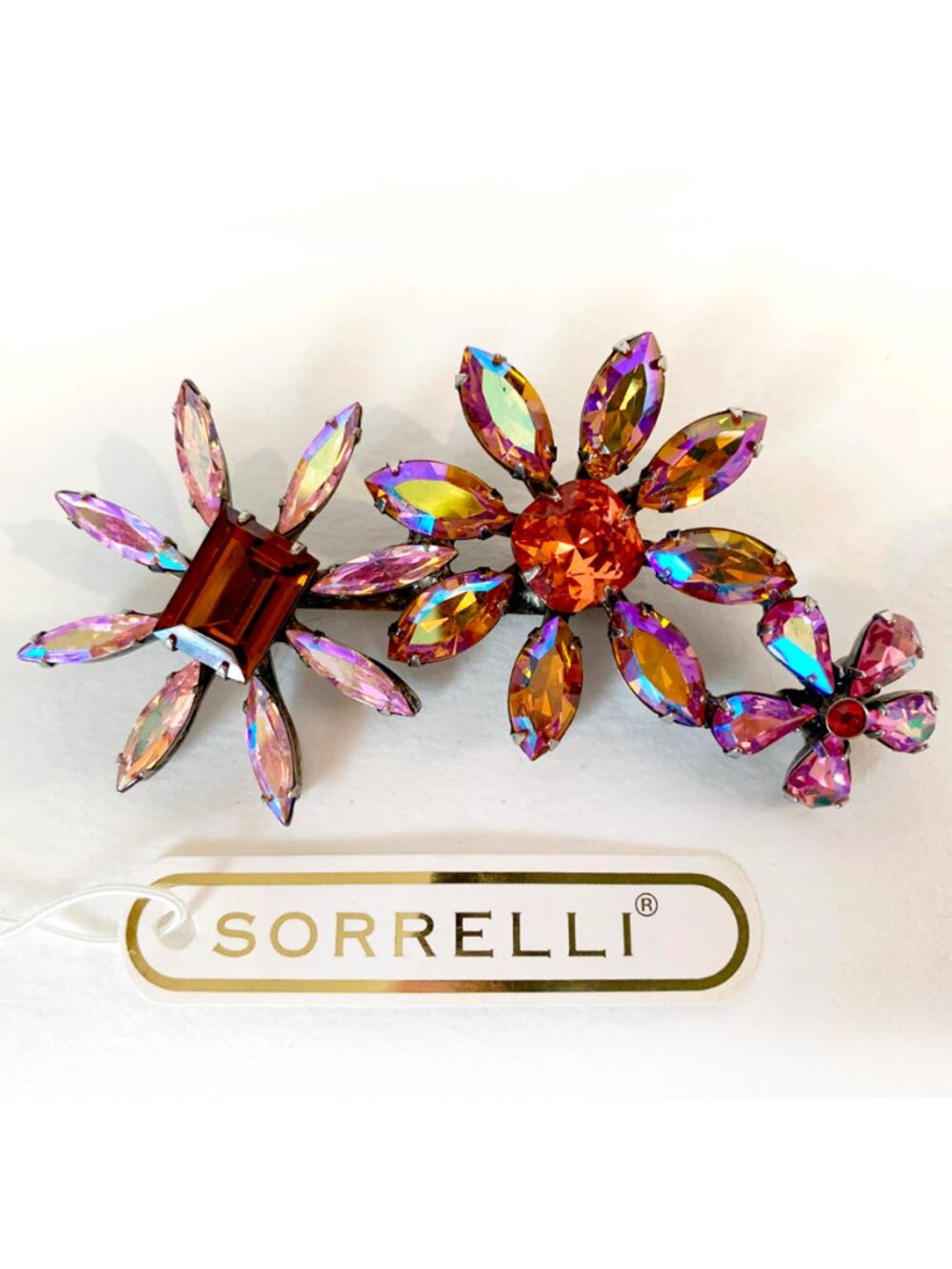 Vintage SORRELLI Swarovski Crystal 3 Flower Cluster Brooch Pin Large Retired